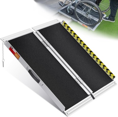 folding aluminum wheelchair ramp with a black non-slip surface, yellow and black warning edge and a carry handle