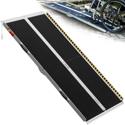 long folding aluminum wheelchair ramp with a black non-slip surface and yellow warning edges