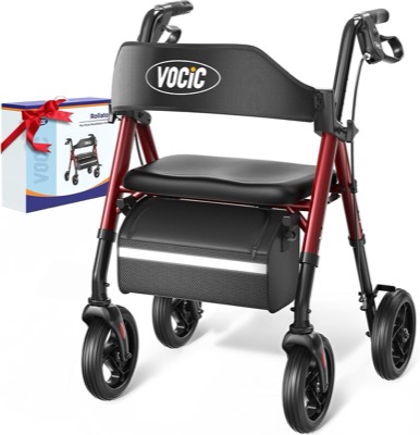red rollator walker with a wide black backrest, a thick padded seat, a large bag and eight-inch wheels