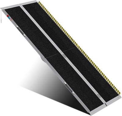long folding aluminum ramp with a textured silver surface and side edges, shown unfolded